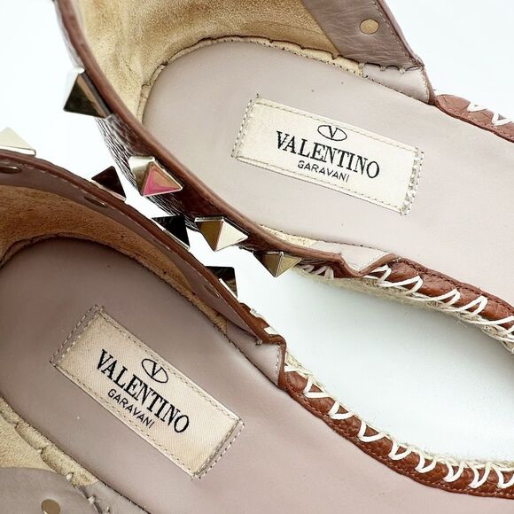 VALENTINO Brown Rockstud Espadrille Wedge Heels Size 40 Peep Sandal Ankle Strap - Picture 10 of 14